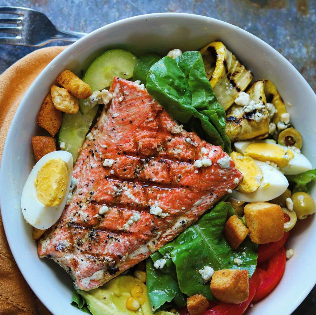 Perfect Grilled Salmon Salad With Summer Vegetables,Chicken Satay Skewers